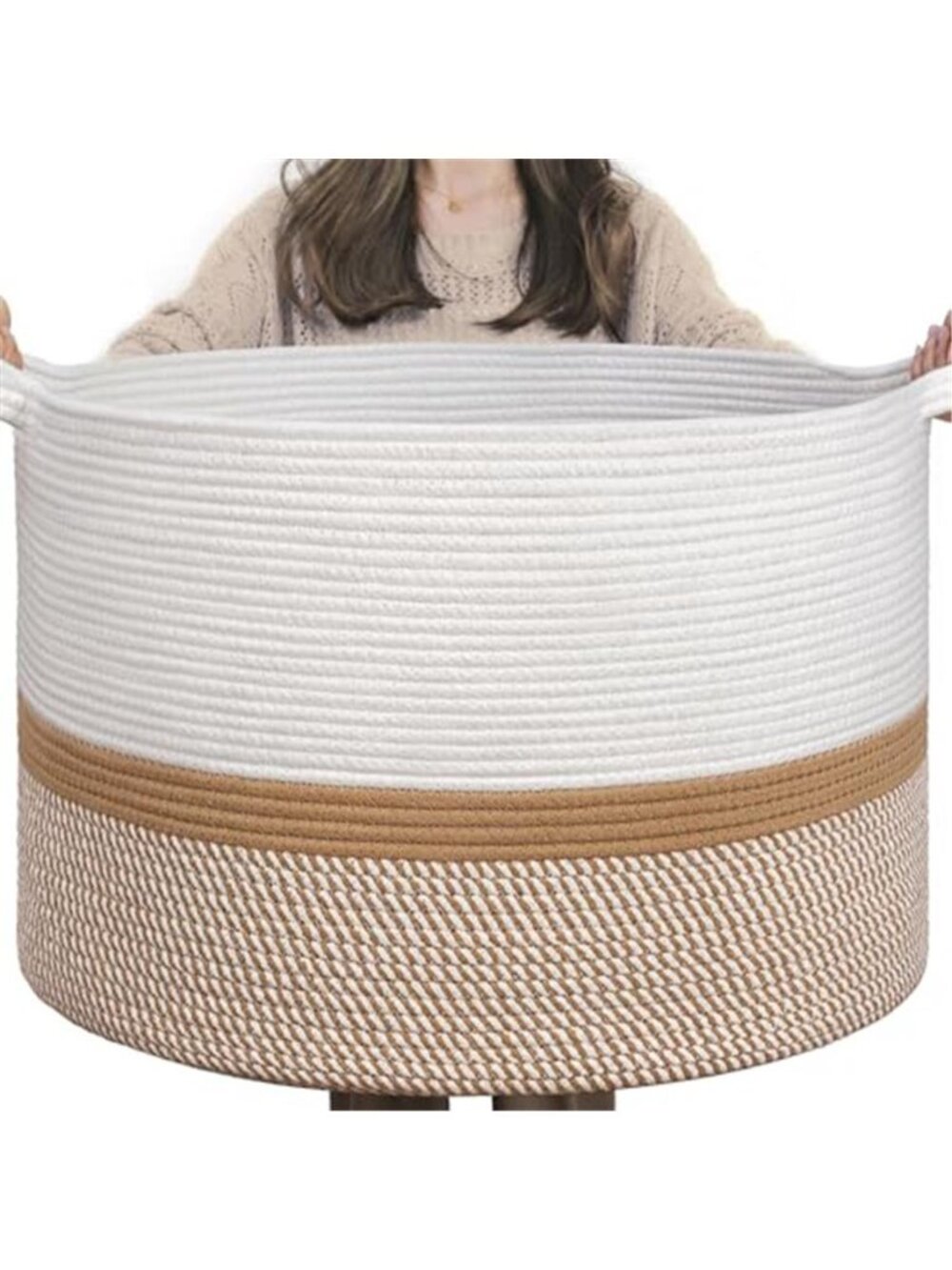 New XXXLarge Woven Rope Blanket Basket Living Room White Camel, 90L